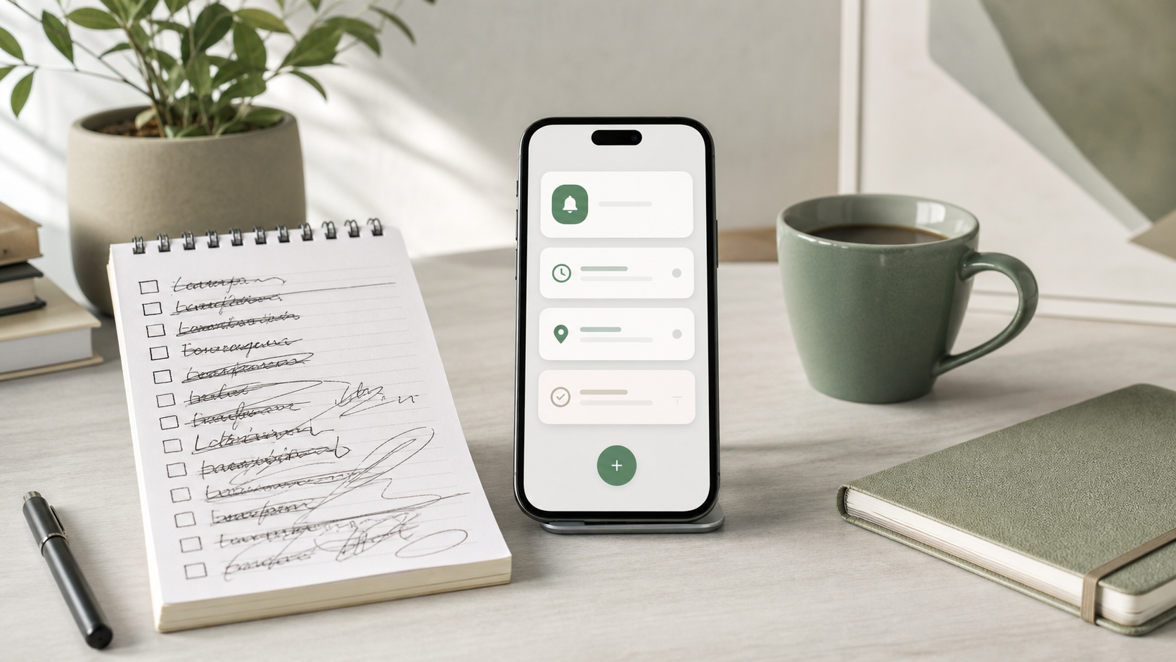 A messy to-do list beside a simple AI reminder interface