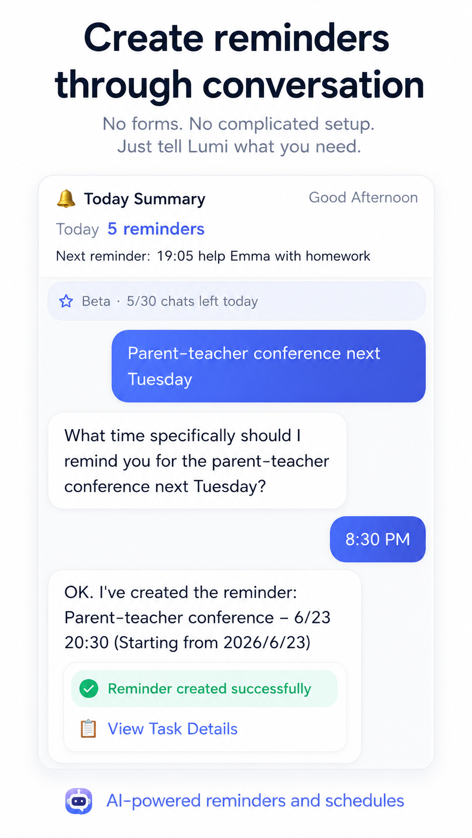 Lumi conversation interface showing natural language task creation