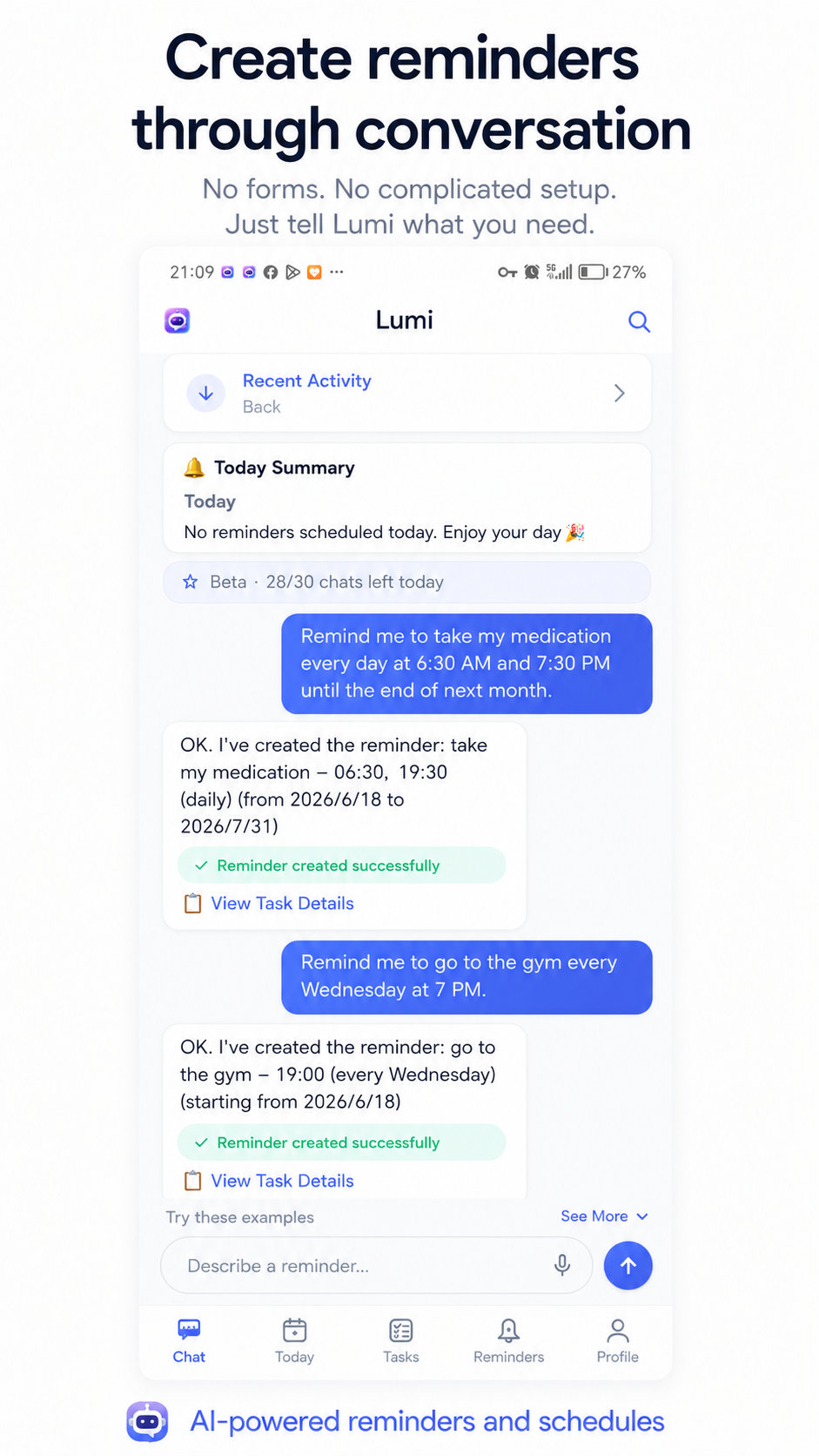 Lumi demo: user types a reminder and Lumi creates it instantly